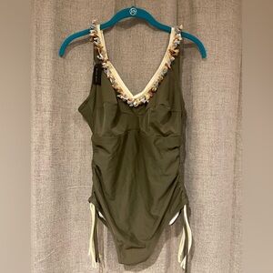 NWT Daniela Grillo Olive Green One-Piece Swimsuit with colorful Trim